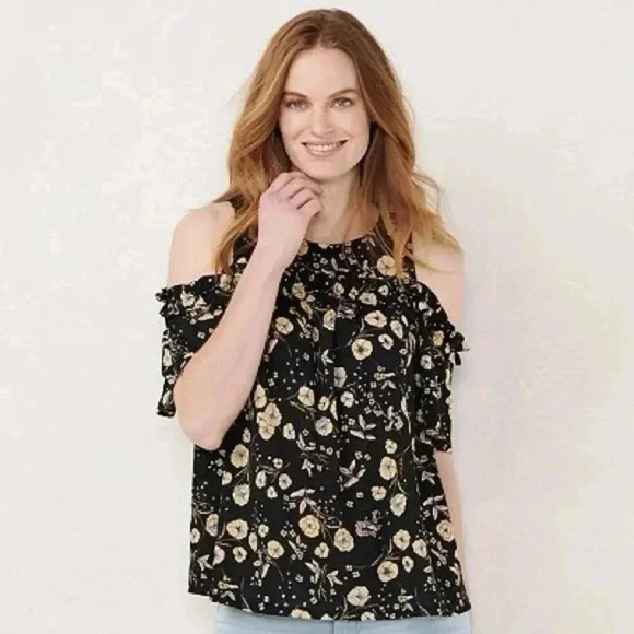 LC Lauren Conrad Women’s Ruffle Cold-Shoulder Top - Picture 1 of 6